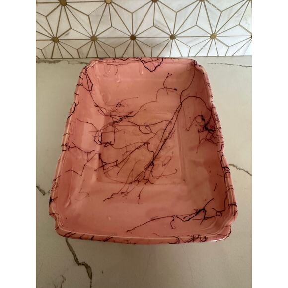 Vintage Pink Rectangular Bowl with Deep Purple Veining – Mid-Century Art Pottery - Picture 1 of 6